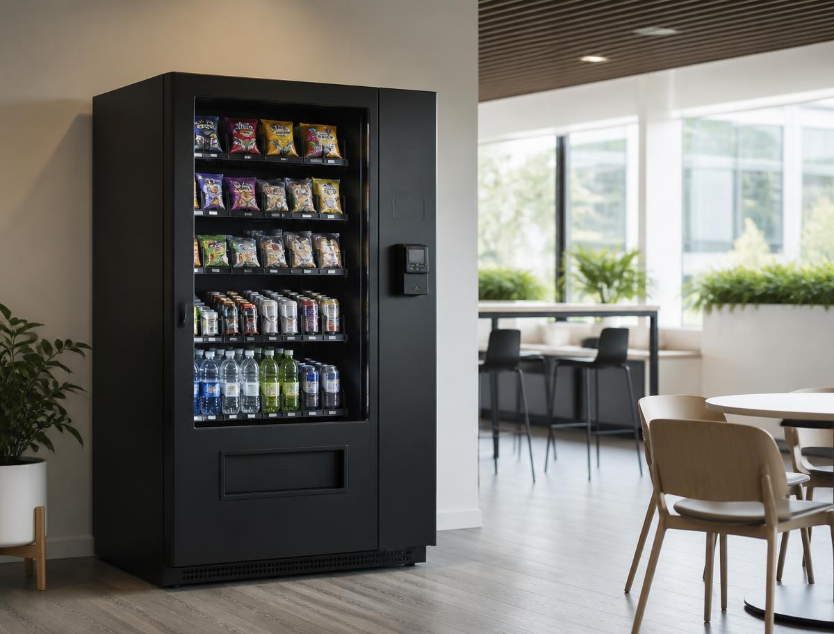 Modern cashless snack and drink vending machine in an Australian workplace breakout area